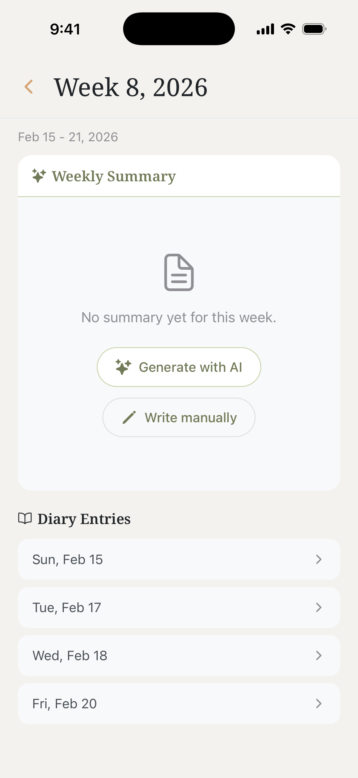AI Weekly Summary screen showing diary entries and generate option