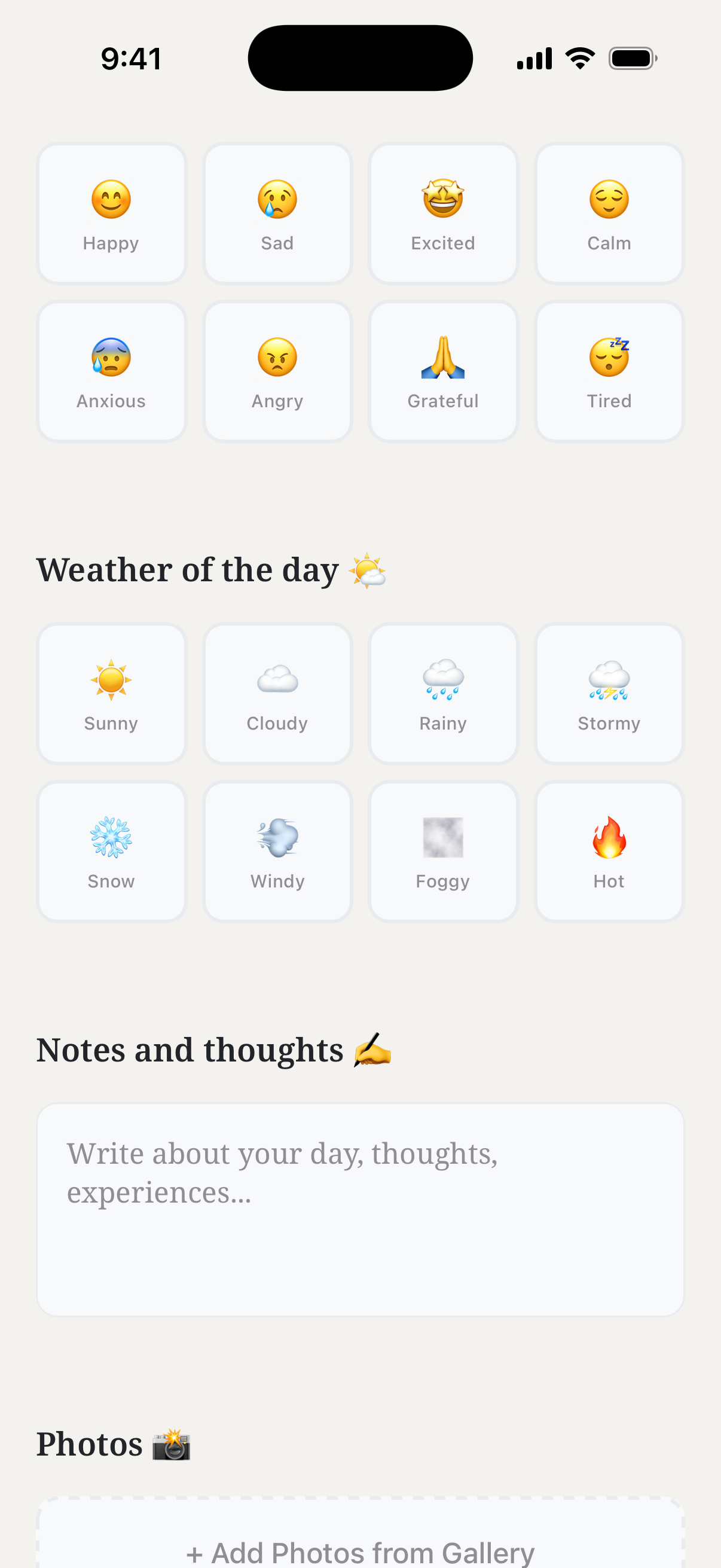 Diary entry screen with mood, weather, notes, and photo options