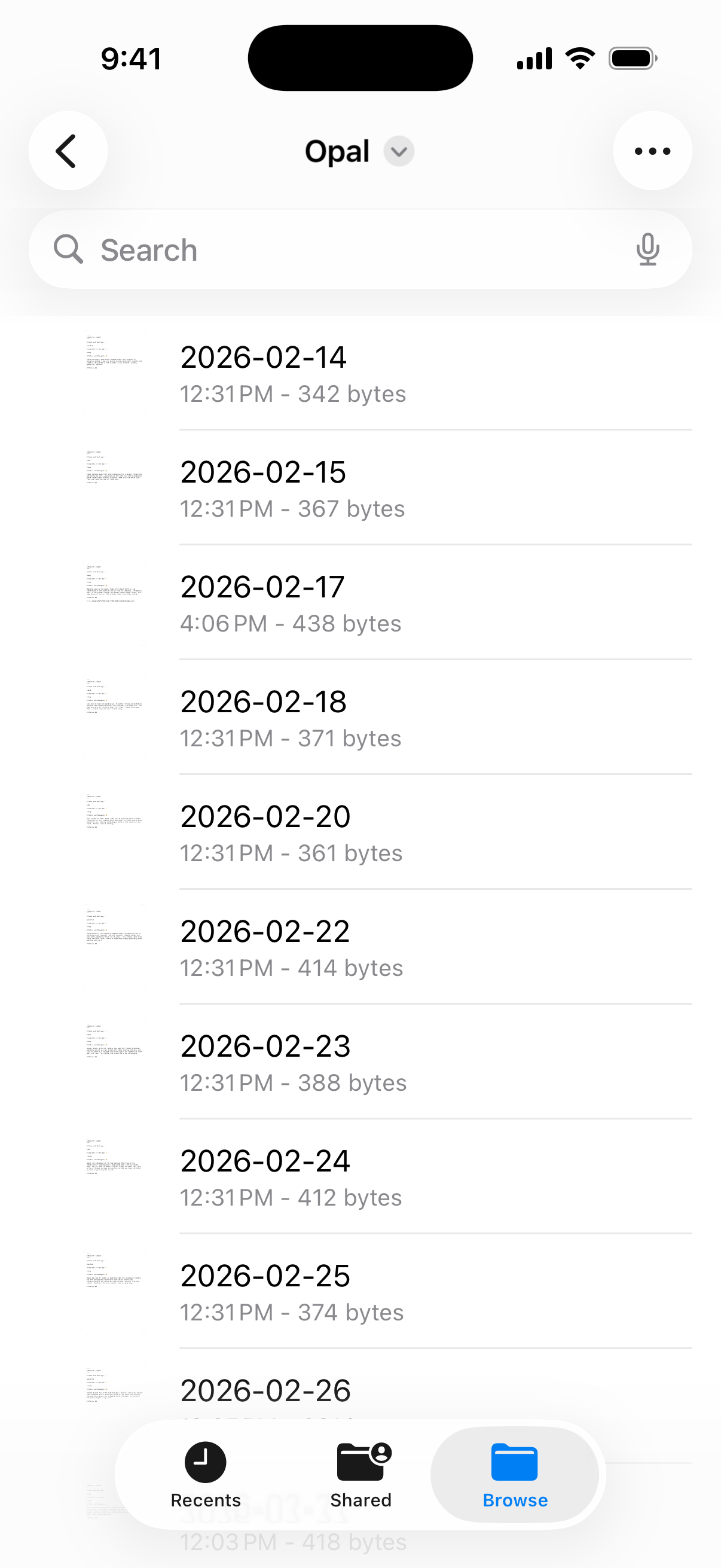 iOS Files app showing Opal diary entries stored as Markdown files